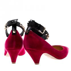 مملوكة مسبقًا Valentino Disco Pink/Nero/Al Campione Velvet Court With Embroidered Ankle Wrap Pointed Toe Pumps Size 40