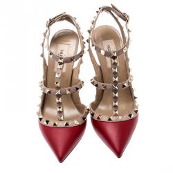 مملوكة مسبقًا Valentino Rosso V./Poudre Leather Rockstud Ankle Strap Sandals Size 36.5