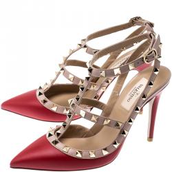 Pre Owned Valentino Rosso V./Poudre Leather Rockstud Ankle Strap Sandals Size 37.5