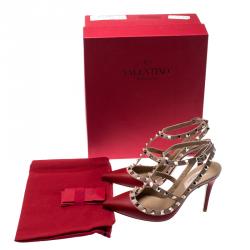 Pre Owned Valentino Rosso V./Poudre Leather Rockstud Ankle Strap Sandals Size 36