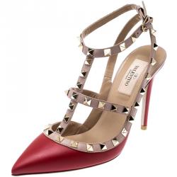 Pre Owned Valentino Rosso V./Poudre Leather Rockstud Ankle Strap Sandals Size 36