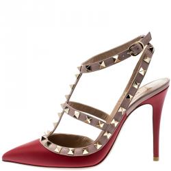 Pre Owned Valentino Rosso V./Poudre Leather Rockstud Ankle Strap Sandals Size 36