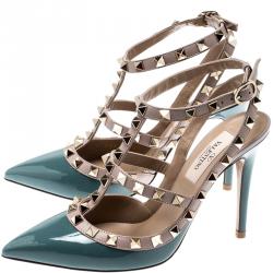Pre Owned Valentino Sarcelle/Poudre Patent Leather Rockstud Ankle Strap Sandals Size 36