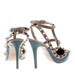 مملوكة مسبقًا Valentino Sarcelle/Poudre Patent Leather Rockstud Ankle Strap Sandals Size 40.5