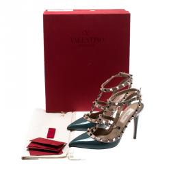 مملوكة مسبقًا Valentino Sarcelle/Poudre Patent Leather Rockstud Ankle Strap Sandals Size 40.5