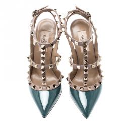 مملوكة مسبقًا Valentino Sarcelle/Poudre Patent Leather Rockstud Ankle Strap Sandals Size 40.5