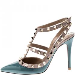 مملوكة مسبقًا Valentino Sarcelle/Poudre Patent Leather Rockstud Ankle Strap Sandals Size 40.5