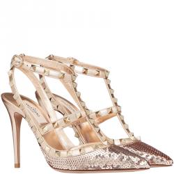 Pre Owned Valentino Poudre/Rame All-Over Sequin Court Rockstud Ankle Strap Sandals Size 36.5