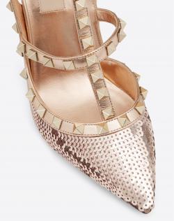 Pre Owned Valentino Poudre/Rame All-Over Sequin Court Rockstud Ankle Strap Sandals Size 36.5