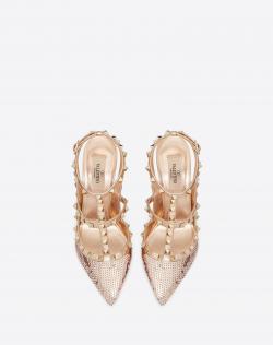 Pre Owned Valentino Poudre/Rame All-Over Sequin Court Rockstud Ankle Strap Sandals Size 36.5