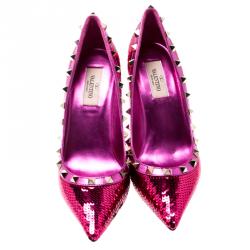 Pre Owned Valentino Pink Orchid All-Over Sequin Court Rockstud Pointed Toe Pumps Size 37.5