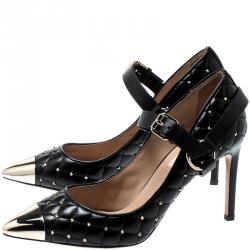 Pre Owned Valentino Black Quilted Leather Rockstud Spike Ankle Strap Cap Toe Pointed Pumps Size 38