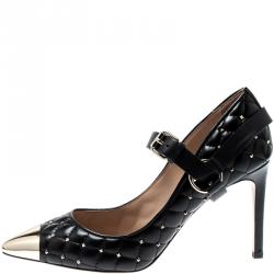 Pre Owned Valentino Black Quilted Leather Rockstud Spike Ankle Strap Cap Toe Pointed Pumps Size 38