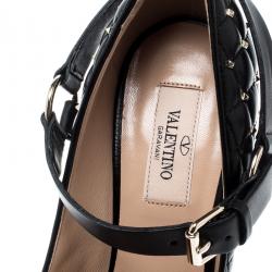 Pre Owned Valentino Black Quilted Leather Rockstud Spike Ankle Strap Cap Toe Pointed Pumps Size 38