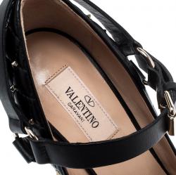 Pre Owned Valentino Black Quilted Leather Rockstud Spike Ankle Strap Cap Toe Pointed Pumps Size 36