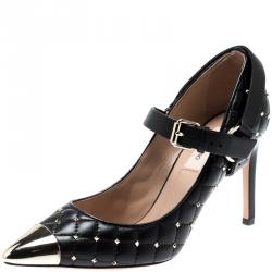 Pre Owned Valentino Black Quilted Leather Rockstud Spike Ankle Strap Cap Toe Pointed Pumps Size 36