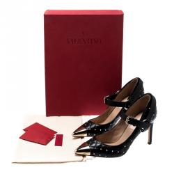Pre Owned Valentino Black Quilted Leather Rockstud Spike Ankle Strap Cap Toe Pointed Pumps Size 36