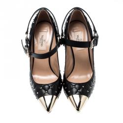 Pre Owned Valentino Black Quilted Leather Rockstud Spike Ankle Strap Cap Toe Pointed Pumps Size 36