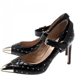 Pre Owned Valentino Black Quilted Leather Rockstud Spike Ankle Strap Cap Toe Pointed Pumps Size 36