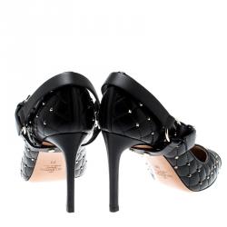 Pre Owned Valentino Black Quilted Leather Rockstud Spike Ankle Strap Cap Toe Pointed Pumps Size 36