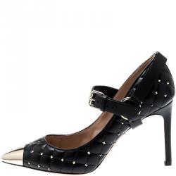 Pre Owned Valentino Black Quilted Leather Rockstud Spike Ankle Strap Cap Toe Pointed Pumps Size 36