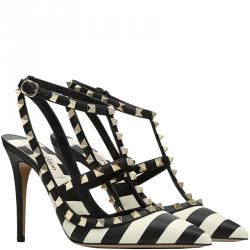 Pre Owned Valentino Light Ivory/Nero Leather Striped Rockstud Ankle Strap Sandals Size 39