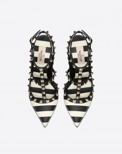 Pre Owned Valentino Light Ivory/Nero Leather Striped Rockstud Ankle Strap Sandals Size 39