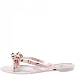 Pre Owned Valentino Water Rose Rubber Bow Detail Rockstud Flip Flops Size 36