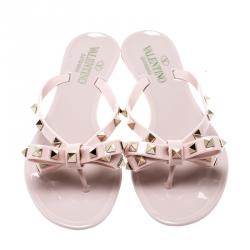 Pre Owned Valentino Water Rose Rubber Bow Detail Rockstud Flip Flops Size 36