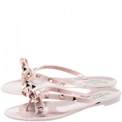 Pre Owned Valentino Water Rose Rubber Bow Detail Rockstud Flip Flops Size 37