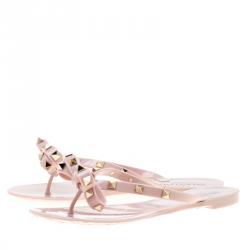 Pre Owned Valentino Water Rose Rubber Bow Detail Rockstud Flip Flops Size 37