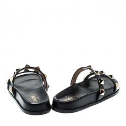 Pre Owned Valentino Black Rubber Rockstud Flat Slides Size 36.5