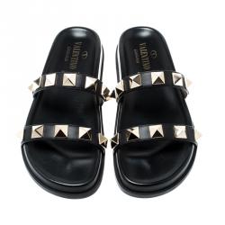 Pre Owned Valentino Black Rubber Rockstud Flat Slides Size 37.5