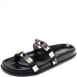 Pre Owned Valentino Black Rubber Rockstud Flat Slides Size 37.5