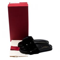 مملوكة مسبقًا حذاء سلايدز فالنتينو فلات مايكروستد مينك جلد نابا أسود مقاس 39.5