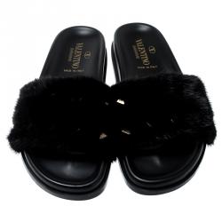 مملوكة مسبقًا حذاء سلا يدز فالنتينو فلات مايكروستد مينك جلد نابا أسود مقاس 39.5