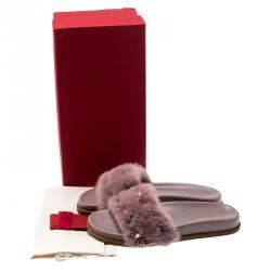 Pre Owned Valentino Dark Poudre Nappa Leather Mink Microstud Flat Slides Size 37