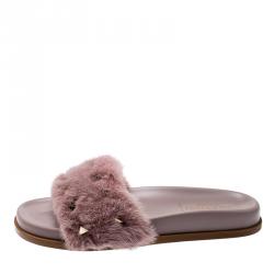 Pre Owned Valentino Dark Poudre Nappa Leather Mink Microstud Flat Slides Size 37