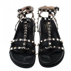 Pre Owned صندل فلات فالنتينو جلاديتور روكستد جلد أسود مقاس 36