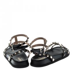 Pre Owned صندل فلات فالنتينو جلاديتور روكستد جلد أسود مقاس 38