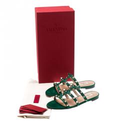 Pre Owned Valentino Emerald/Smeraldo Suede Rockstud Flat Slides Size 37
