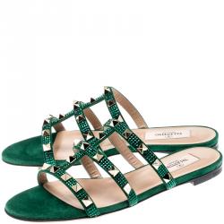 Pre Owned Valentino Emerald/Smeraldo Suede Rockstud Flat Slides Size 37