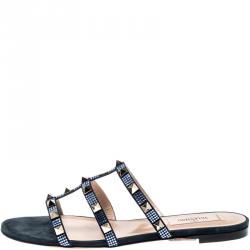 Pre Owned Valentino Sapphire/Marine Suede Rockstud Flat Slides Size 38
