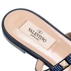 Pre Owned Valentino Sapphire/Marine Suede Rockstud Flat Slides Size 38