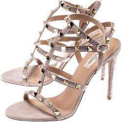 Pre Owned Valentino Vintage Rose/Poudre Suede Crystal Embellished Rockstud Gladiator Sandals Size 38