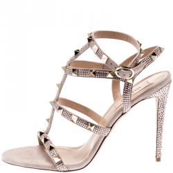 Pre Owned Valentino Vintage Rose/Poudre Suede Crystal Embellished Rockstud Gladiator Sandals Size 38