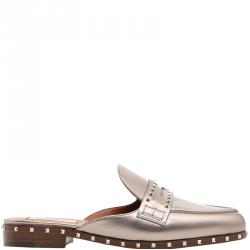 Pre Owned Valentino Argento Vintage Nappa Leather Soul Rockstud Flat Mules Size 38