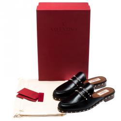Pre Owned Valentino Black Leather Soul Rockstud Flat Mules Size 37.5
