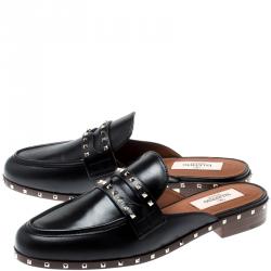 Pre Owned Valentino Black Leather Soul Rockstud Flat Mules Size 37.5