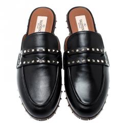 Pre Owned Valentino Black Leather Soul Rockstud Flat Mules Size 37.5